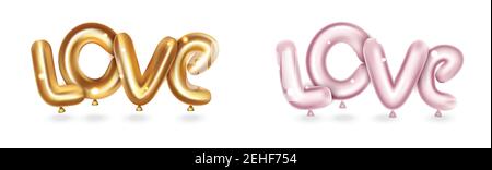 Love Word Text von Helium Ballons. Realistische Ballons aus Brief Liebe, Gold und rosa Farbe. Element für Design. Stock Vektor