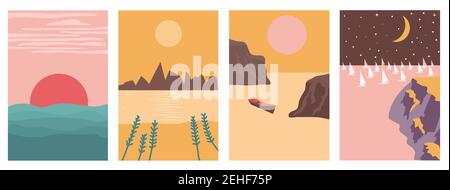 Vier Landschaften in Boho minimalen Stil Vektor-Illustration gesetzt Stock Vektor