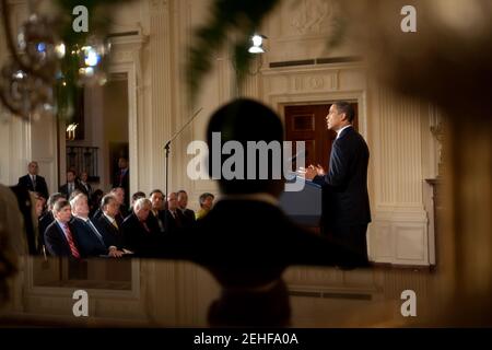 Präsident Barack Obama hält eine Rede über Cybersicherheit und die digitale Zukunft des Landes im East Room des Weißen Hauses, 29. Mai 2009. Stockfoto