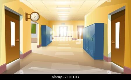 Cartoon-Stil leer ohne Schüler Schulflur mit Türen und Uhr an der Wand. Stock Vektor