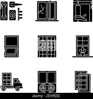 Fenster- und Türinstallationen schwarze Glyphen-Symbole auf Weiß gesetzt Platz Stock Vektor