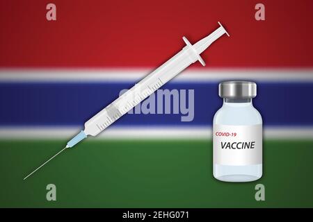 Spritze und Impffläschchen auf verschwommenem Hintergrund mit Gambia-Flagge, Vorlage für Impfbanner Stock Vektor