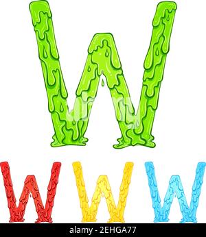 Buchstabe W mit Fliesstropfen und Goo-Spritzer. Farbdarstellung des Symbols w in vier Farben grün, rot, gelb, blau. Tropfende Flüssigkeit. Vektorschriftart im handgezeichneten Stil isoliert auf weißem Hintergrund. Stock Vektor