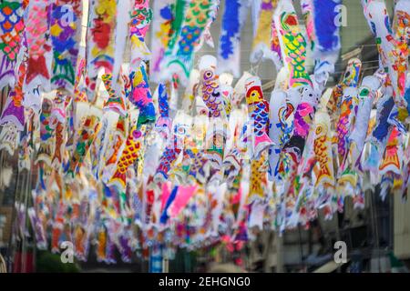 Bunte Karpfenstreamer oder "Koinobori (auf Japanisch)" in Kawagoe, Saitama Japan Stockfoto