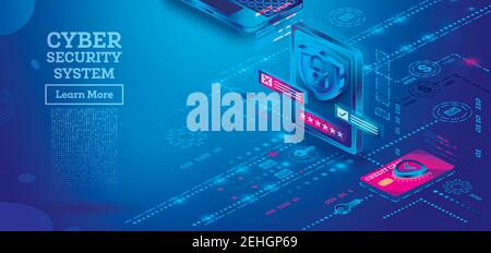 Übersicht über das Cyber Security Konzept mit Tablet Computer. Isometrische Darstellung in blauen Farben. Datenschutzkonzept. Kreditkartenprüfung und Software. Stock Vektor