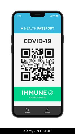 Vektordarstellung eines Immun-Covid-19-Ergebnisses auf der Anwendung Eines modernen Mobiltelefons mit einem QR-Code Stock Vektor