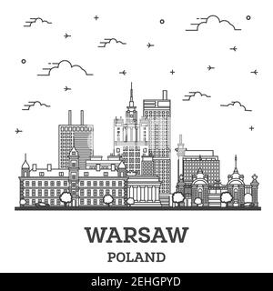 Umrisse Warschau Polen Skyline der Stadt mit modernen Gebäuden isoliert auf Weiss. Vector Illustration. Warschauer Stadtlandschaft mit Sehenswürdigkeiten. Stock Vektor