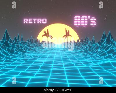 Digital 80s abstrakter Hintergrund. Retro Tanz Party Hintergrund. Futuristische Cyber-Landschaft. 3D Rendern von Bildern Stockfoto