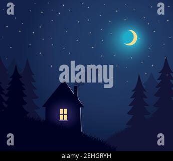Haus und Baum und Nachthimmel mit Sternen und Mond Haus und Baum und Nachthimmel mit Sternen und Mond Stock Vektor