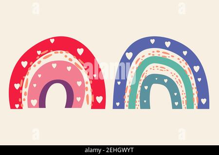Vector niedlichen Regenbogen in Boho minimalistischen Stil. Künstlerische moderne Bogenformen mit Herzen abgeschnitten gesetzt Stock Vektor