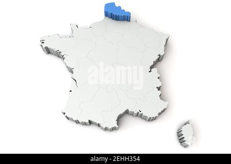 Karte von Frankreich mit der Region nord pas de calais. 3D Rendering Stockfoto