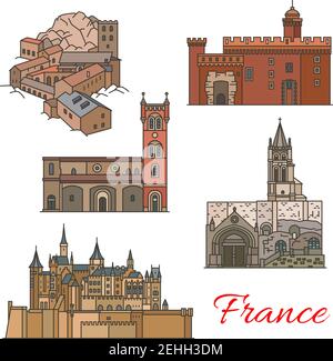 Travel Wahrzeichen von Frankreich dünne Linie Symbole mit Französisch Gebäude. St. Jacques Kirche, Abtei von St. Martin und Befestigungsburg, Basilika von St. Nazari Stock Vektor