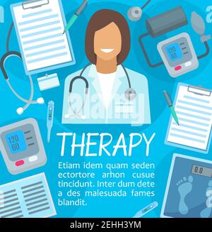 Medizinisches Therapieposter für Krankenhaus- oder Klinikdesign. Vector Arzt oder Krankenschwester mit medizinischen Artikeln von Röntgen-, Stethoskop oder Blutdruck-Messgerät und andere Stock Vektor