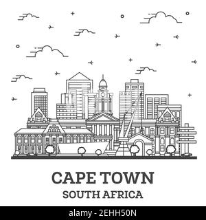 Umrisse Kapstadt Südafrika Skyline der Stadt mit modernen Gebäuden isoliert auf Weiss. Vector Illustration. Kapstadt Stadtbild mit Sehenswürdigkeiten. Stock Vektor