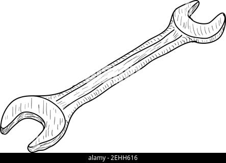 Skizze Silhouette Hand Werkzeug Gabelschlüssel auf weißem Hintergrund. Stock Vektor