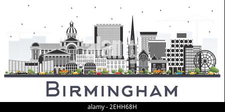 Birmingham UK City Skyline mit farbigen Gebäuden isoliert auf Weiß. Vektorgrafik. Stadtbild von Birmingham mit Wahrzeichen. Stock Vektor