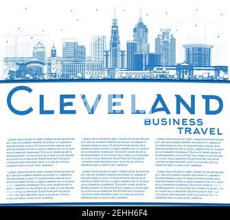 Umreißen Sie die Skyline von Cleveland Ohio City mit blauen Gebäuden und Kopierfläche. Vektorgrafik. Cleveland USA Stadtbild mit Wahrzeichen. Stock Vektor