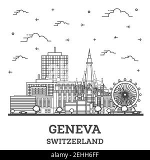 Umriss Genf Schweiz City Skyline mit modernen Gebäuden isoliert auf Weiß. Vektorgrafik. Genfer Stadtbild mit Wahrzeichen. Stock Vektor