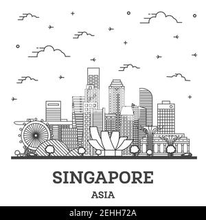 Umrisse Singapur Skyline der Stadt mit modernen Gebäuden isoliert auf Weiss. Vector Illustration. Singapur Stadtbild mit Sehenswürdigkeiten. Stock Vektor