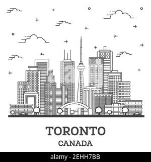 Umrisse Toronto Kanada Skyline der Stadt mit modernen Gebäuden isoliert auf Weiss. Vector Illustration. Toronto Stadtbild mit Sehenswürdigkeiten. Stock Vektor