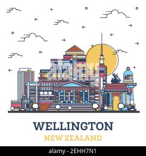 Umreißen Sie die Skyline von Wellington New Zealand City mit farbigen, modernen Gebäuden, isoliert auf White. Vektorgrafik. Wellington Stadtbild mit Wahrzeichen. Stock Vektor