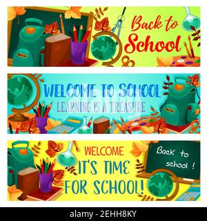 Willkommen Back to School Banner von Schreibwaren Buch, Bleistift oder Lineal und Globus Karte oder Pinsel zu malen. Vektor Schultasche, Rechner und Stift oder Bleistift und r Stock Vektor