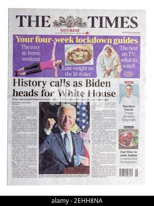 Die Titelseite der Times Zeitung mit der Überschrift Die Geschichte ruft wie Biden Köpfe für das Weiße Haus über US-Wahlsieger Jo Biden Stockfoto