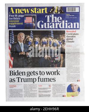 Die Titelseite der Guardian Zeitung mit der Überschrift Biden wird arbeiten, während Trump über die USA schwelt Wahlsieger Jo Biden Stockfoto