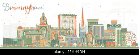 Birmingham UK City Skyline mit farbigen Gebäuden. Vektorgrafik. Stadtbild von Birmingham mit Wahrzeichen. Geschäftsreisen Stock Vektor