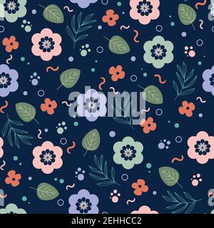 Musterdesign mit Blumen, Blättern, Punkten, welligen Linien und kleinen Kreisen auf dunkelblauem Hintergrund Stock Vektor