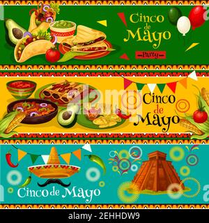 Cinco de Mayo mexikanische Party Banner für Urlaub Fiesta. Vektor-Design von Mexiko Flagge Ballons, Jalapeno Pfeffer oder Sombrero auf und Kaktus für Cinco de Stock Vektor