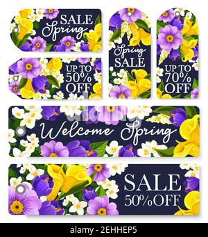 Spring Sale Shopping Tags Set für Frühling saisonale Shopping Rabatt Promo. Vector Store Verkauf Banner Design von blühenden Narzissen, Tulpen und Krok Stock Vektor