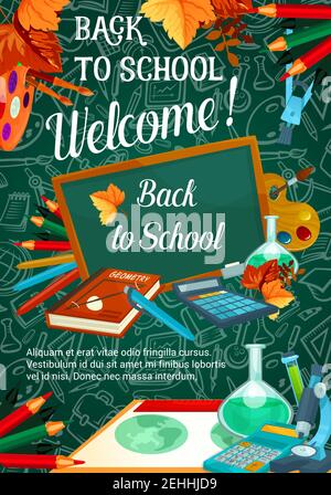 Back to School Sale promo Web Banner für September Herbst saisonal Schule Shop Rabatt-Angebot auf grünen Kreidetafel. Vektor Schultasche, Bücher oder malen Stock Vektor