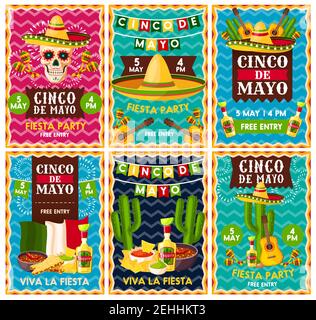 Cinco de Mayo Mexican Fiesta Party Banner-Set für lateinamerikanische Urlaub Einladung Design. Festlicher Totenkopf mit Sombrero-Hut, Maracas und Chilli, Stock Vektor