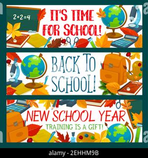 Zurück zu Schule Banner Design-Vorlage von Schultasche und Unterricht Bildung Schreibwaren. Vektor-Kreidetafel, Schulbuch oder Notizbuch und Taschenrechner, Liter Stock Vektor
