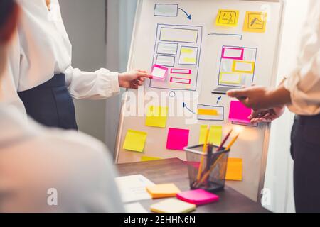Mobile Application Designer sind Entwicklung auf Smartphone und rosa Papier Notiz zur Hand, kreative Skizzenplanung. Stockfoto