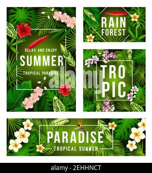 Sommer tropisches Paradies Banner mit exotischen Blumenrahmen. Grünes Palmblatt, Hibiskusblüte und Monstera-Pflanze, Orchidee, Plumeria und strelitzia-Poster Stock Vektor