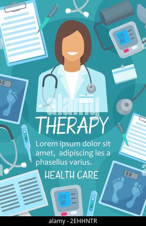 Medizinisches Therapieposter für Krankenhaus oder Klinik. Vektor-Design von Arzt Therapeuten mit Stethoskop, medizinische Röntgen, Waage oder Blutdruck-Messgerät und t Stock Vektor