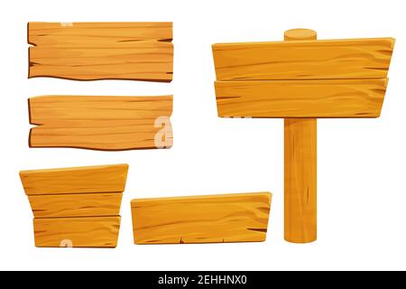 Satz von Holztabletten, texturierte Platten, Schild in Cartoon-Stil isoliert auf weißem Hintergrund Stock Vektor-Illustration. Rustikales Brett, Planke mit pl Stock Vektor