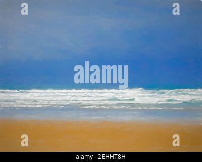 Digitale Malerei von Wellen, die an einen Strand, unter einem blauen Himmel Rollen. Stockfoto