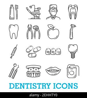 Zahnmedizin medizinische dünne Linie Kunst Symbole. Vektor-Set von Zahnbohrer für Zahn, Zahnspangen und Implantate oder Zangen mit kieferorthopädischen Stuhl und Arzt oder Krankenschwester, Stock Vektor