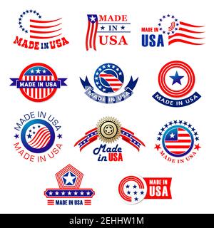 Made in USA Premium-Qualität Produkt-Tags-Set. Vektor-Abzeichen in Amerika mit amerikanischen Flaggenstreifen und Sternen auf rotem Band für beste Qualität Produkt gemacht Stock Vektor