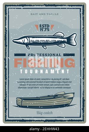 Angeln Sport Turnier Retro Grunge Banner. Fischerboot mit Hecht Fisch Vintage Poster in zerkratzten Rahmen für Fischer Club Wettbewerb promo Flyer oder Stock Vektor