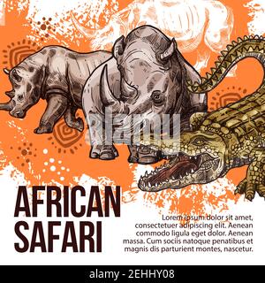 Afrikanische Safari Skizzenposter für Zoo oder Jagd Abenteuer. Vektor-Design von wilden Krokodil und Nashorn Tiere für die offene Saison oder Wildlife Naturpark Stock Vektor