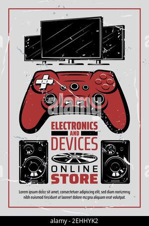 Elektronische Geräte Online-Shop Poster im Retro-Vintage-Design. Vector Multimedia Audio Sound Systeme, Video und Musik-Player oder TV-Fernseher, Umrechnung Stock Vektor