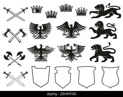 Heraldic Element Set aus Vogel, Tier und Krone, mittelalterlichen Schild und gekreuzten Schwert. Adler, Löwe und alte königliche Krone, Falke, Falke und Schlacht Axt BL Stock Vektor