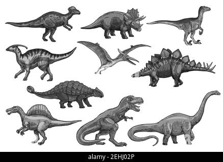 Dinosaurier Skizzen Icons für Jurassic Park Design. Vector isoliert Satz von Triceratops oder t-rex, Brontosaurus oder Pterodactyl und Stegosaurus, pteranodon Stock Vektor