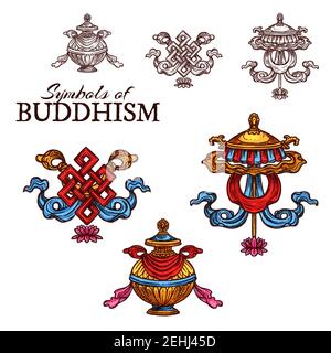 Buddhismus Religion Skizze mit glückverheißenden Symbolen gesetzt. Endlose Knoten, Regenschirm und Schatzvase Zeichen von Reichtum und Fülle, unendliche Weisheit des Buddh Stock Vektor