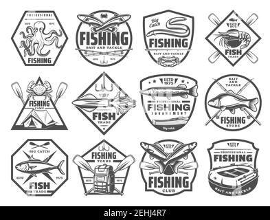 Angeln Retro Skizzen Symbole für Fischer Club oder Abenteuer. Vector Set von großen Fisch großen Fang und Fischer Tackles für Meeresfrüchte Oktopus, Aal oder Makrele A Stock Vektor