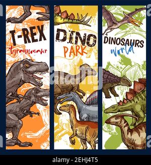 Dinosaurier Abenteuer Park Banner mit jurassic Tier. Dino Monster Skizze von Tyrannosaurus rex, Stegosaurus und Pterodactyl, Velociraptor, Diplodocus A Stock Vektor